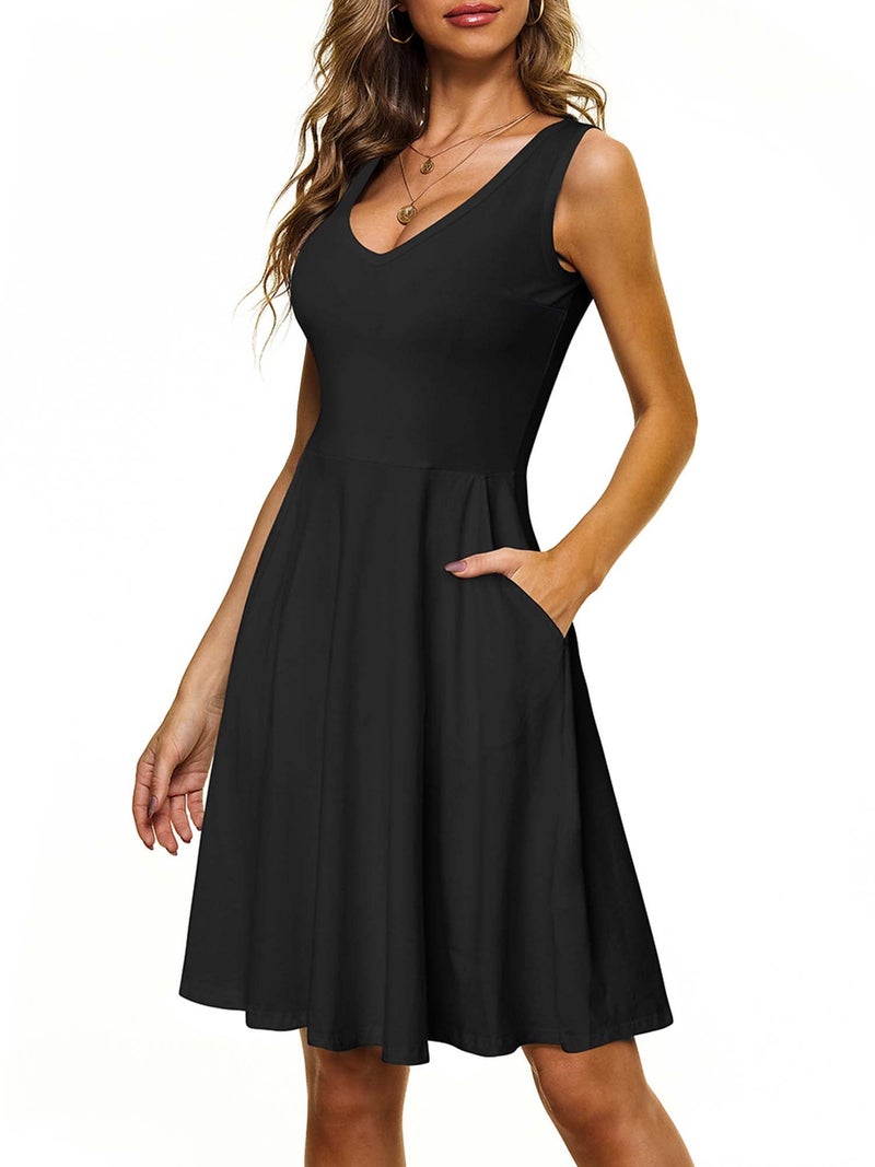 HUHOT Little Black Dresses for Women Funeral Cotton Dress for Women Tank Dress Sleeveless V Neck Summer Dress with Pockets Midi Flared Sun Dress - Image 1